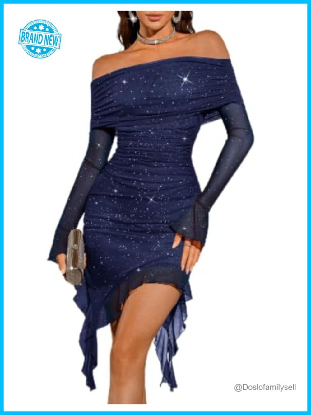 Off Shoulder Sequin Bodycon Midi Club Dress Ruched Flared Sleeve
